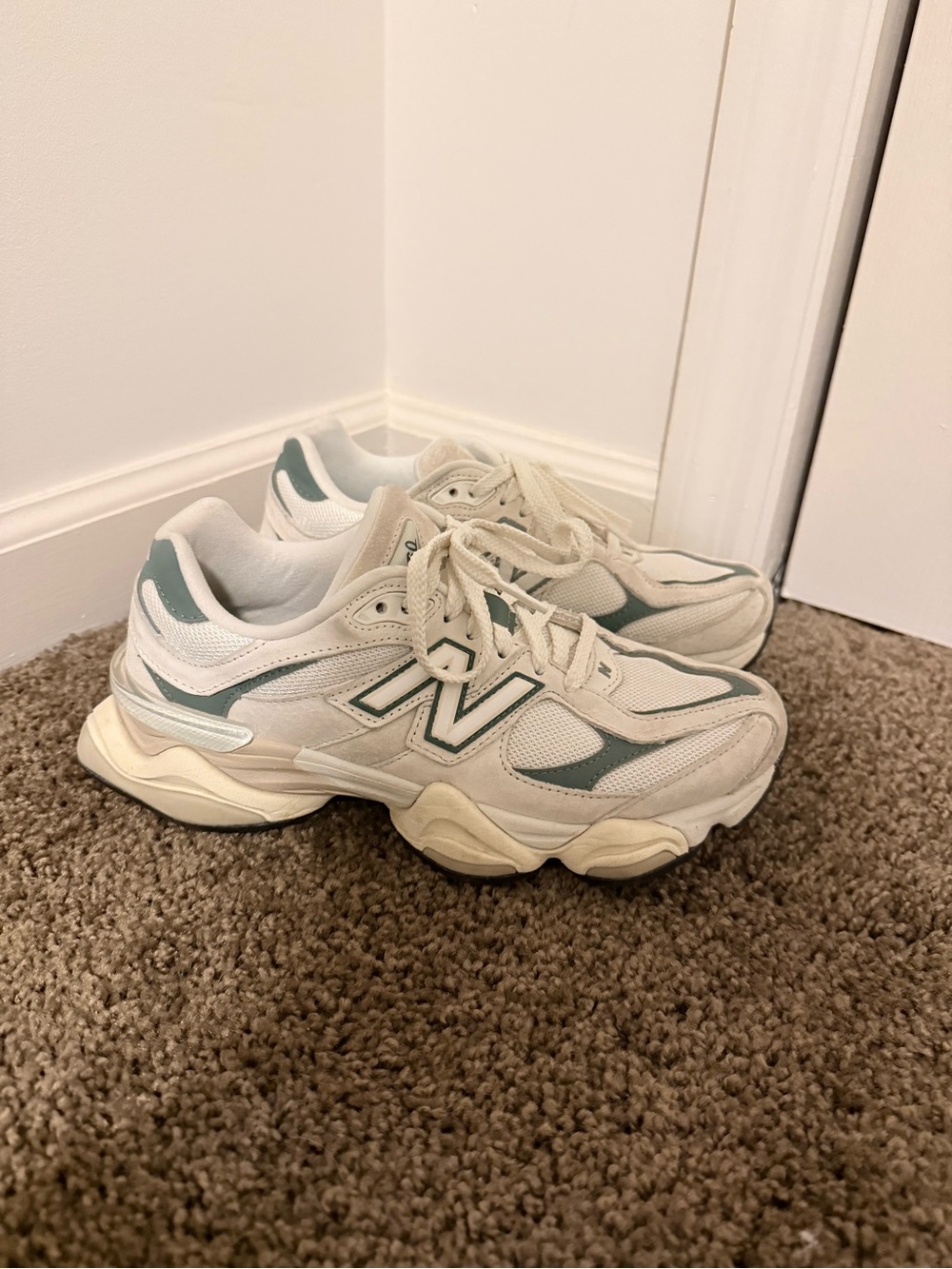 New Balance 9060 White and Sage Green Athletic Sneakers - Picture 2 of 4